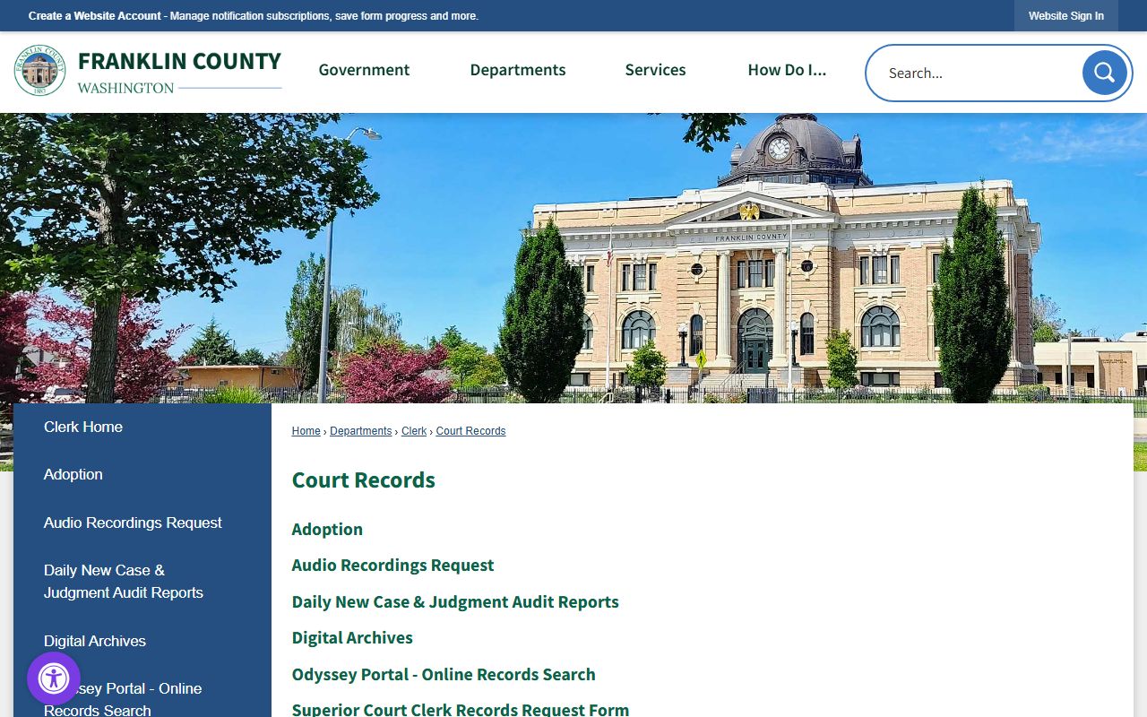 Franklin County court records after jail arrest page showing case search and Odyssey links